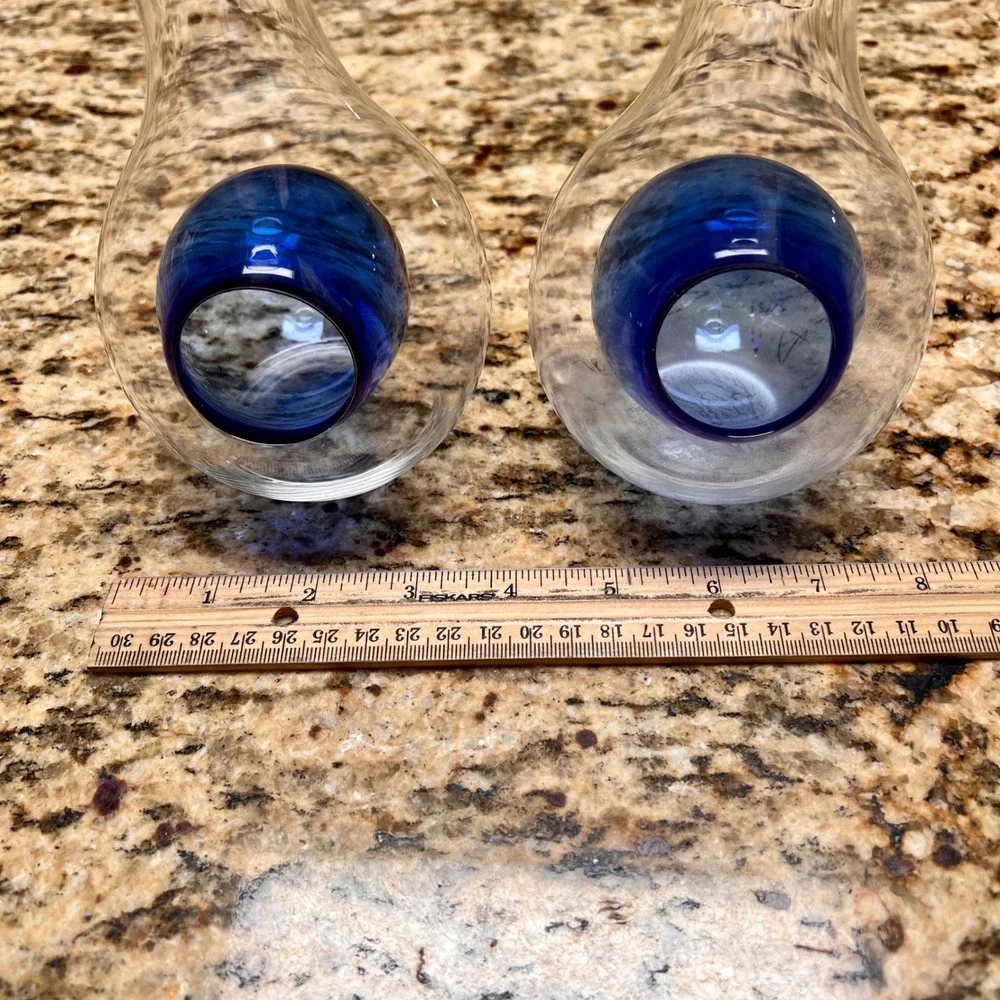 Pair of Hand Blown Glass Japanese Sake Carafes with Cobalt Blue Ice Pockets 6.5